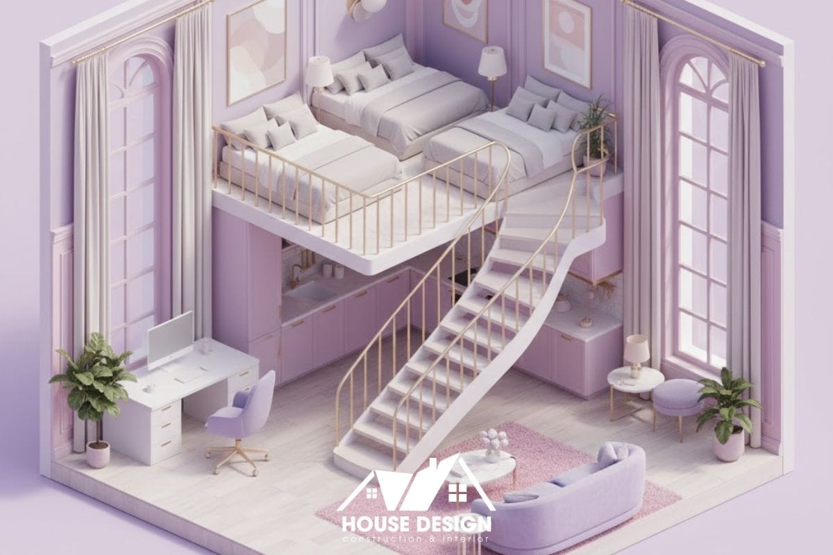 thiết kế 3D căn hộ gác lửng đôi màu pastel với cầu thang cong