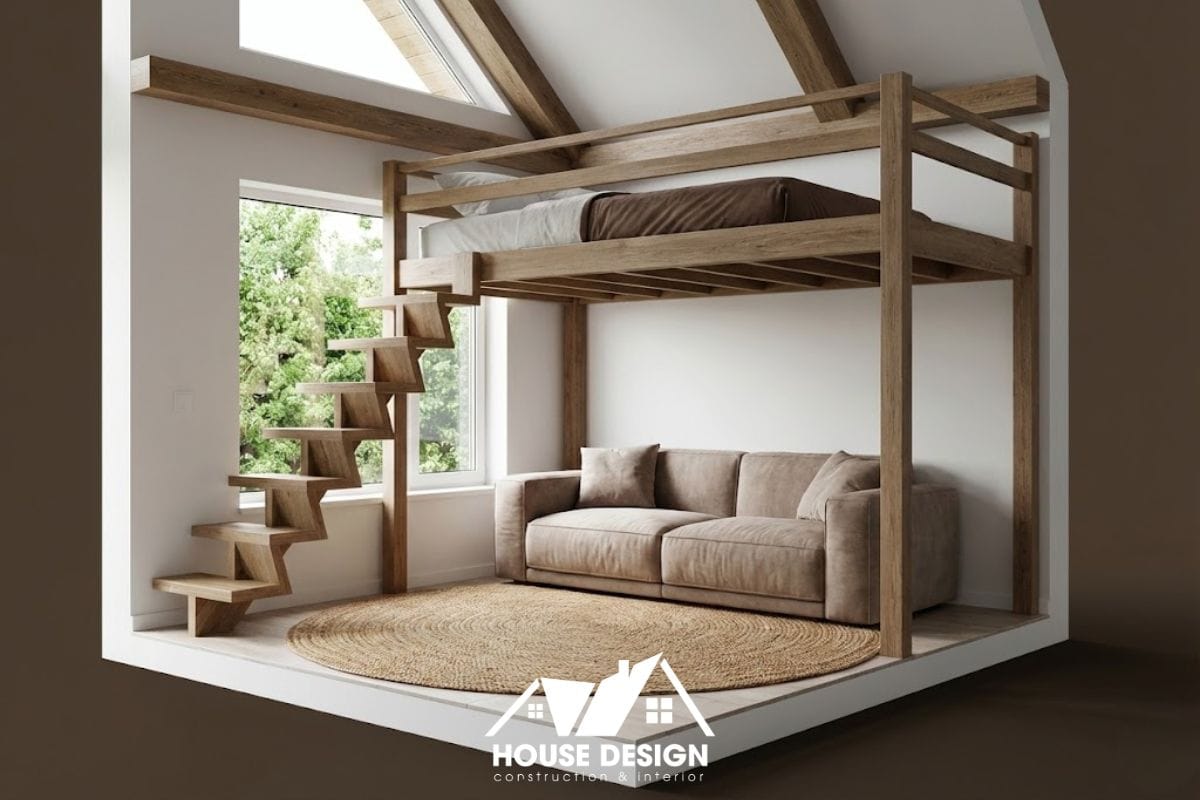 sơ đồ bố trí phòng khách dưới gác lửng trong căn hộ 15m2