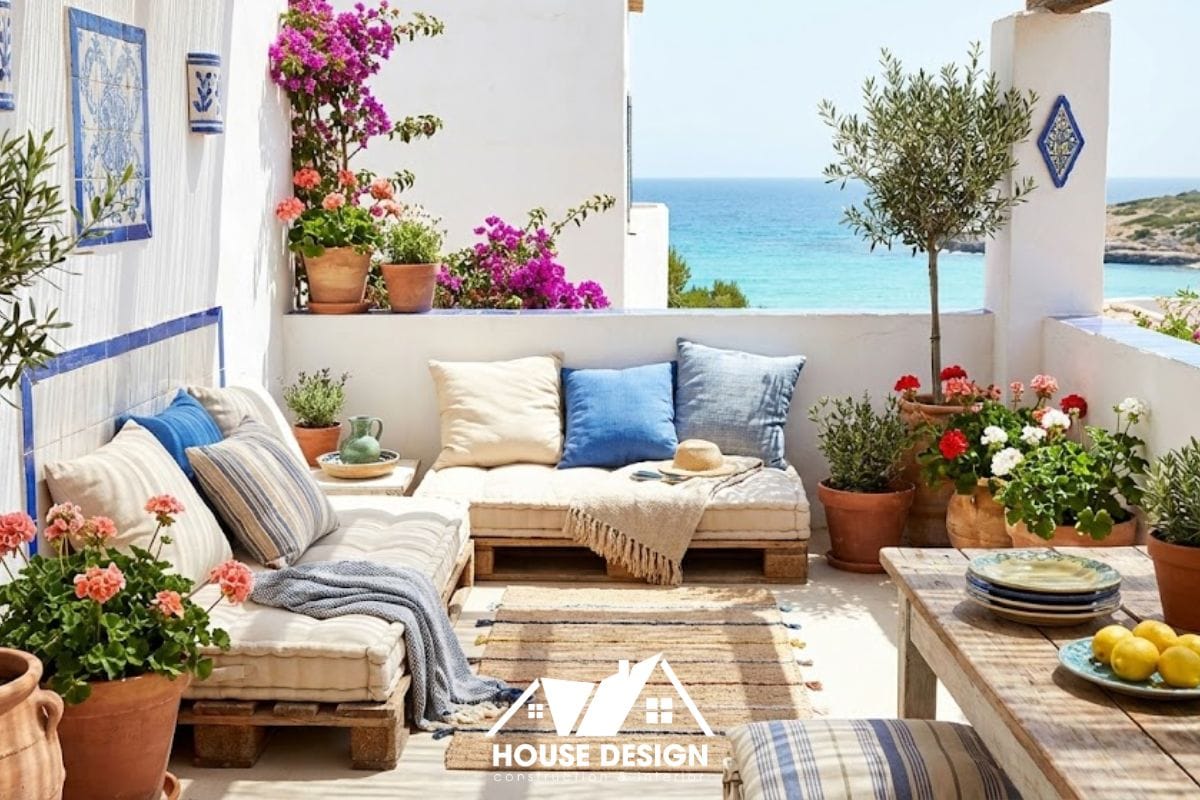 Thiết kế ban công chung cư phong cách Địa Trung Hải ngồi bệt.