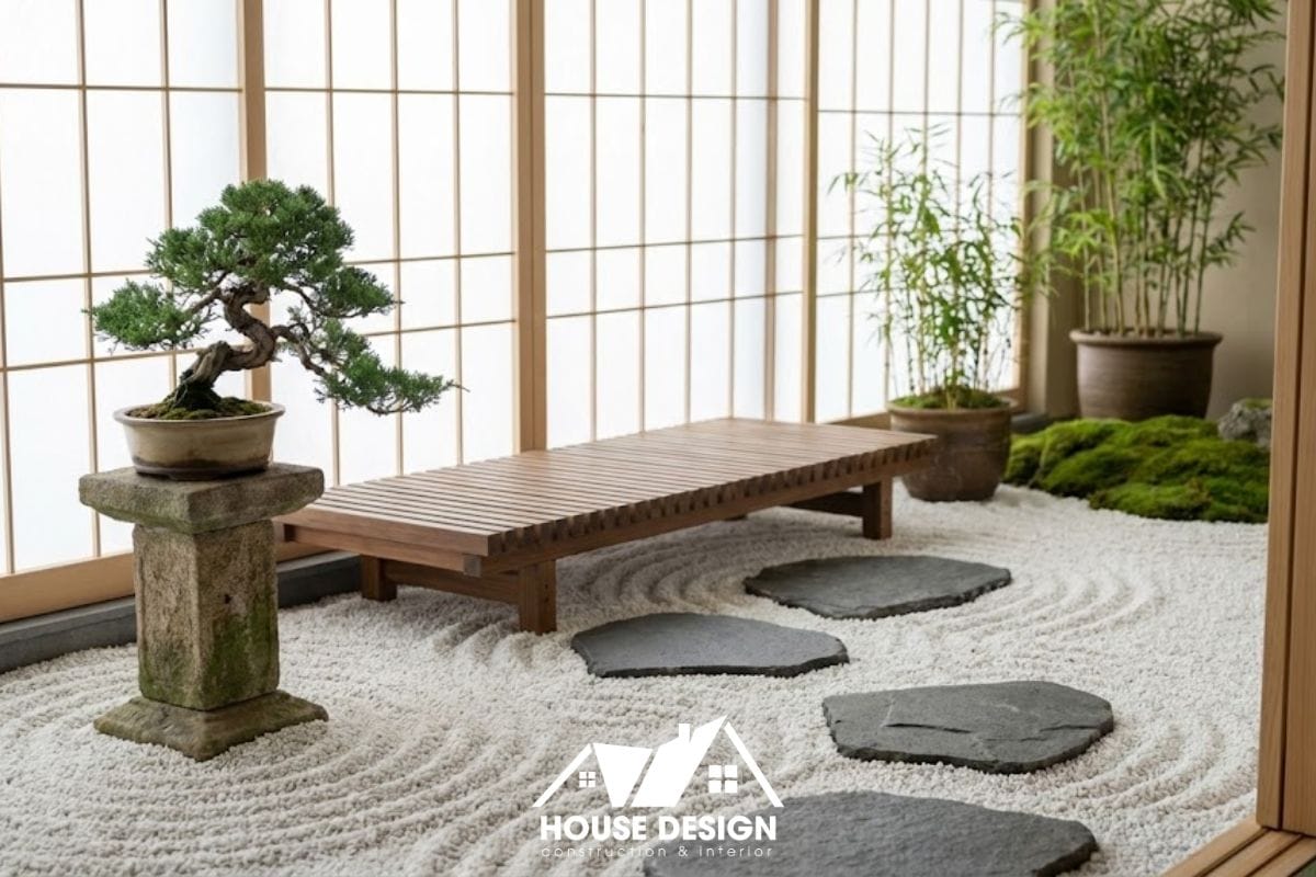 Thiết kế ban công chung cư kiểu Nhật với sỏi trắng và bonsai.