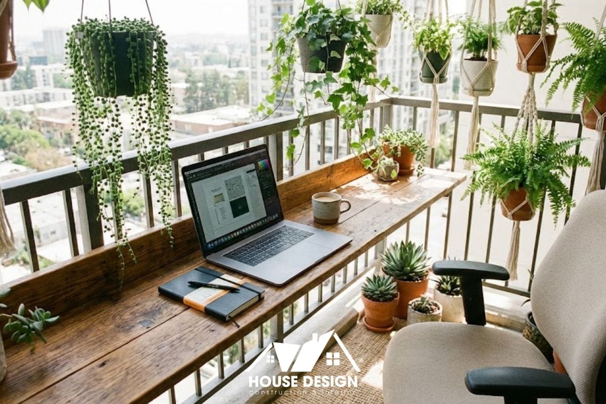 Thiết kế ban công chung cư kết hợp bàn làm việc.
