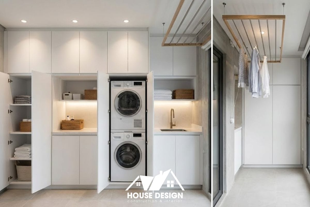 Thiết kế ban công chung cư kết hợp logia máy giặt gọn gàng.