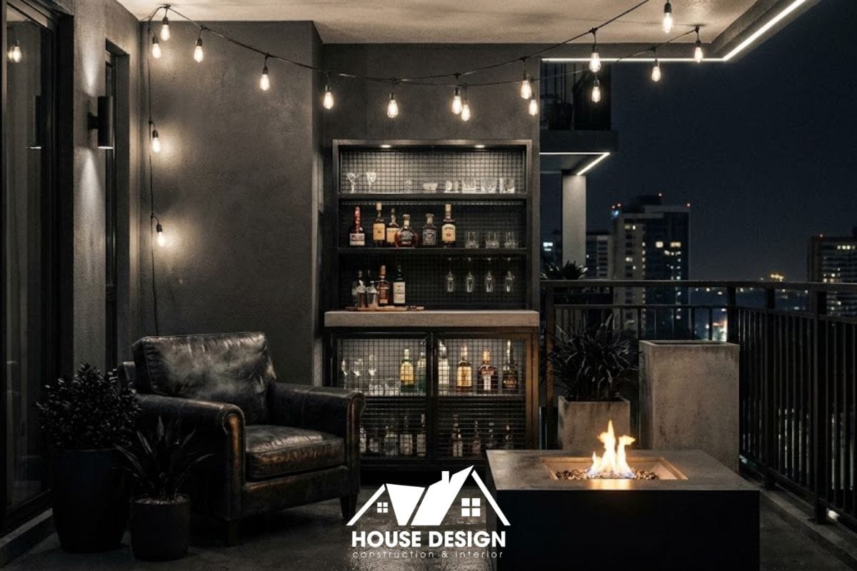 Thiết kế ban công chung cư tone tối làm quầy bar lounge.