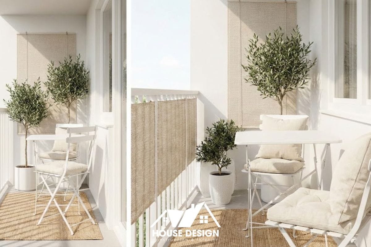 Thiết kế ban công chung cư nhỏ phong cách cafe tối giản tone trắng.