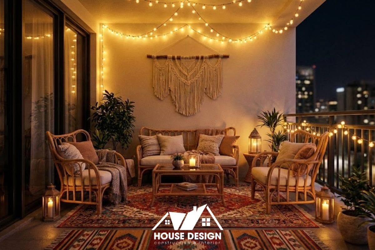 Thiết kế ban công chung cư phong cách Boho với đèn và thảm.