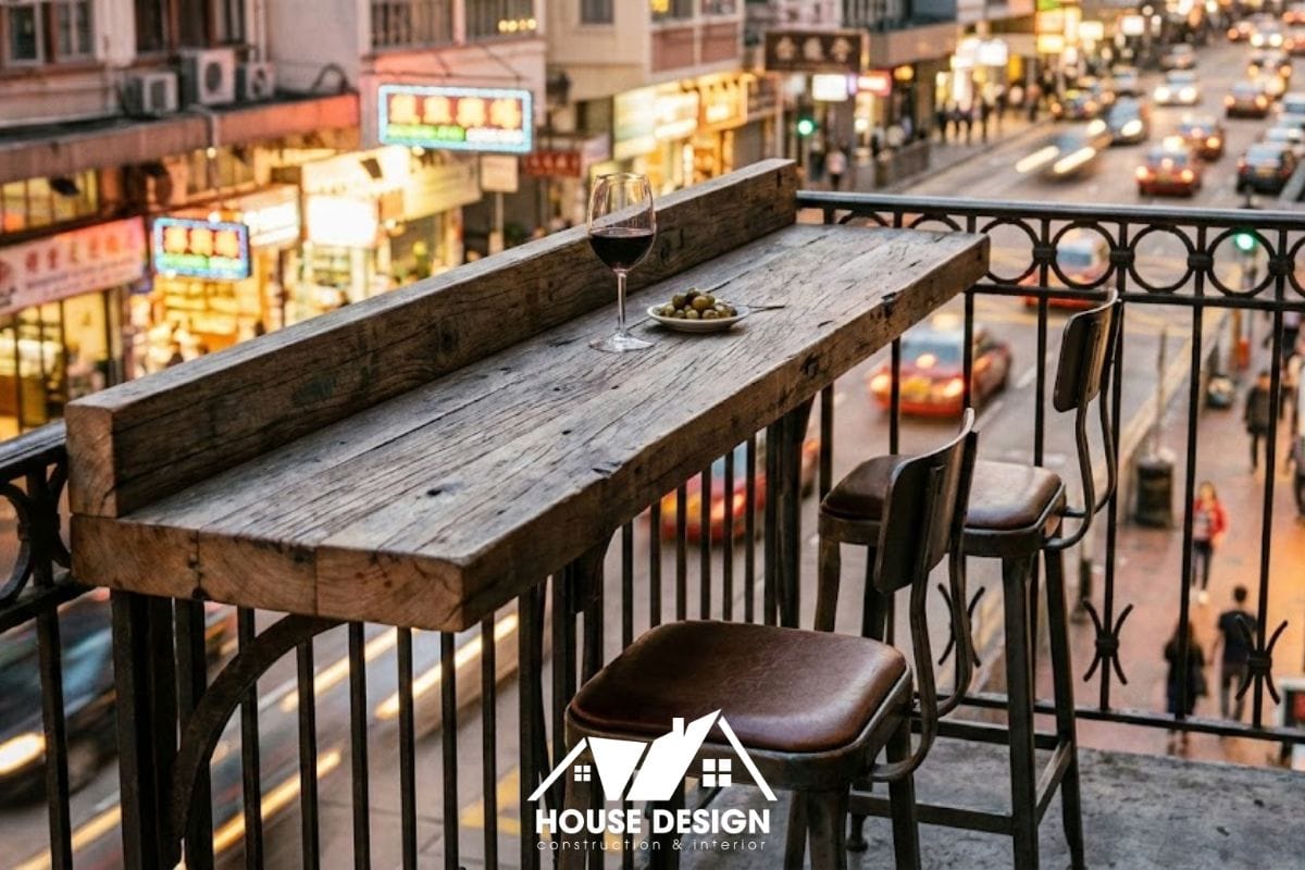 Thiết kế ban công chung cư có quầy bar gỗ nhìn ra đường phố.