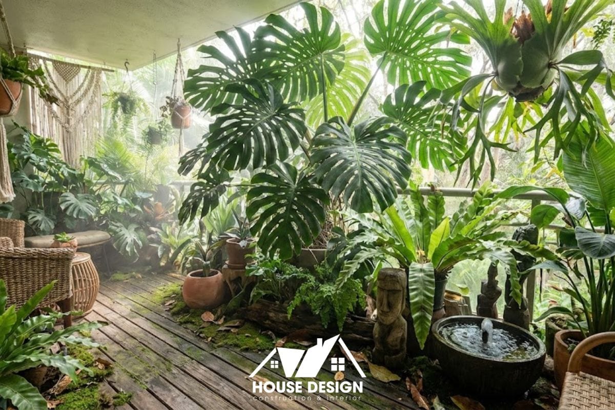 Thiết kế ban công chung cư trồng cây xanh phong cách nhiệt đới.