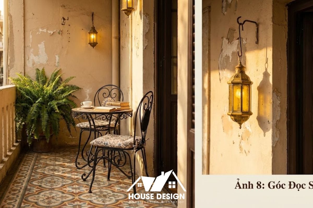 Thiết kế ban công chung cư vintage với gạch bông và ghế sắt.