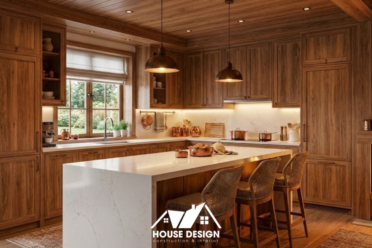 Mẫu thiết kế bếp chung cư nhỏ có bán đảo lớn ốp gỗ ấm cúng.