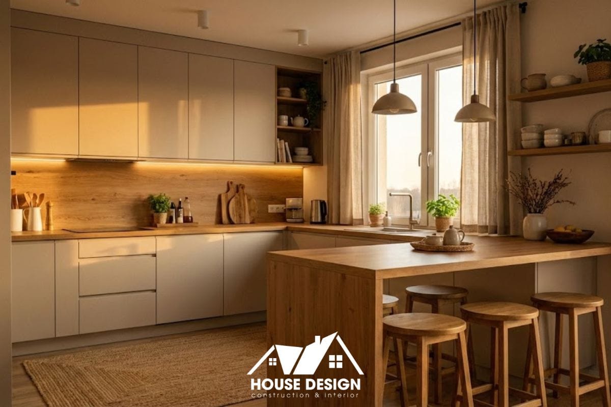 Mẫu thiết kế bếp chung cư nhỏ chữ L tông be kết hợp bàn ăn.