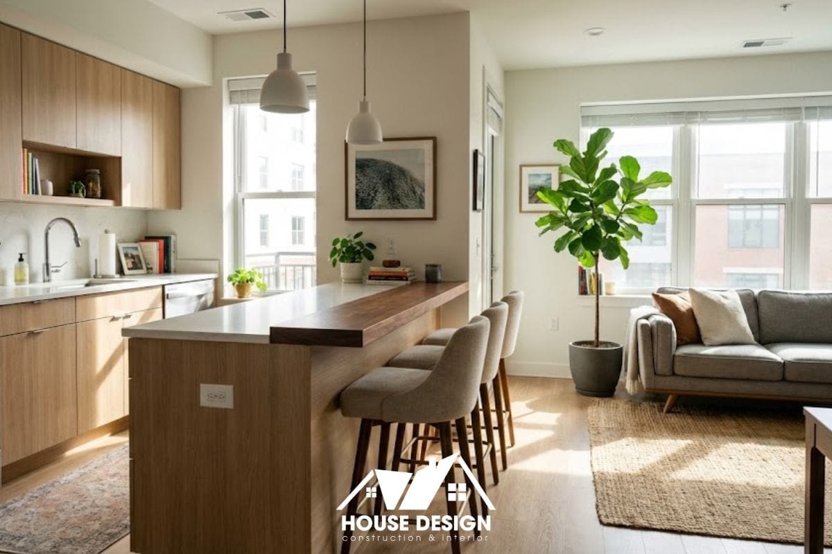 Thiết kế bếp chung cư kết hợp quầy bar ngăn cách phòng khách.