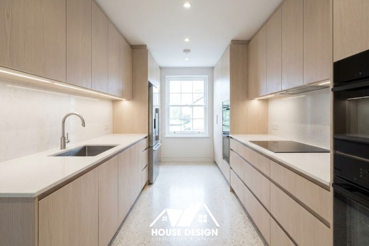 Bố trí bếp song song hai bên cho căn hộ dạng hành lang.