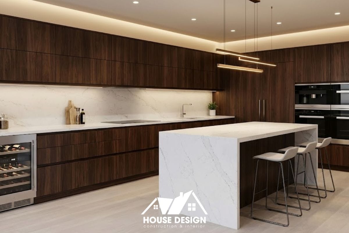 : Mẫu thiết kế bếp chung cư nhỏ gỗ óc chó kết hợp đảo bếp đá trắng.