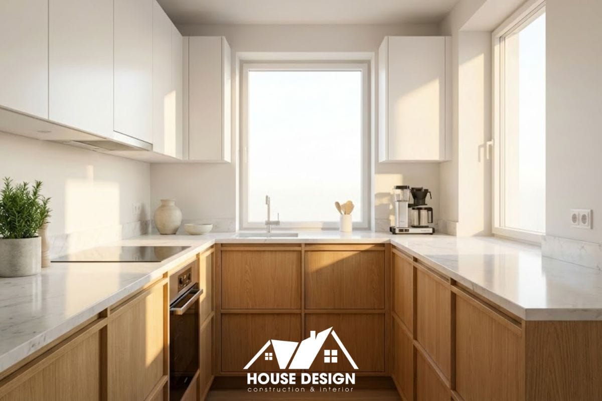 Tổng thể thiết kế bếp chung cư nhỏ hiện đại với ánh sáng tự nhiên.