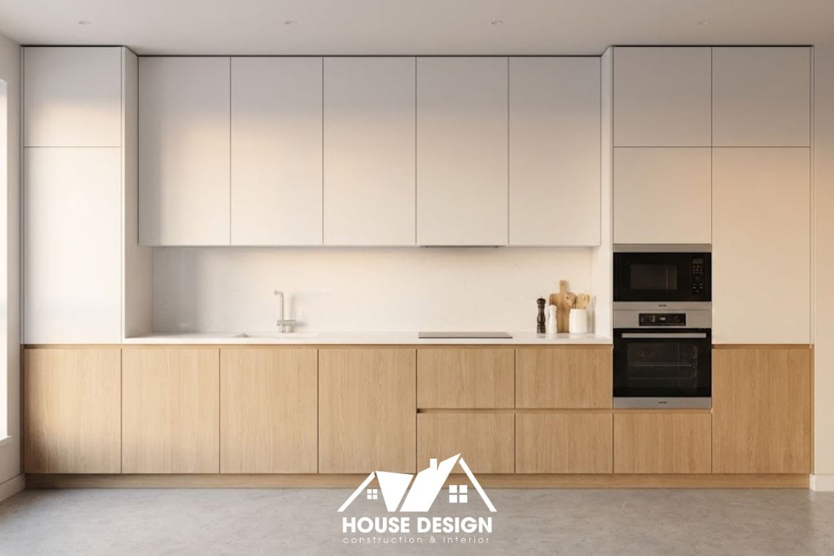 Mẫu tủ bếp chữ I nhỏ gọn nằm trên một trục thẳng.