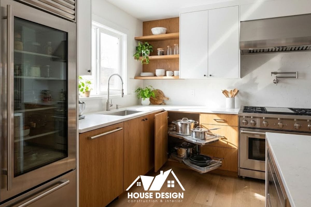 Thiết kế tủ bếp chữ L tận dụng góc tường chung cư.