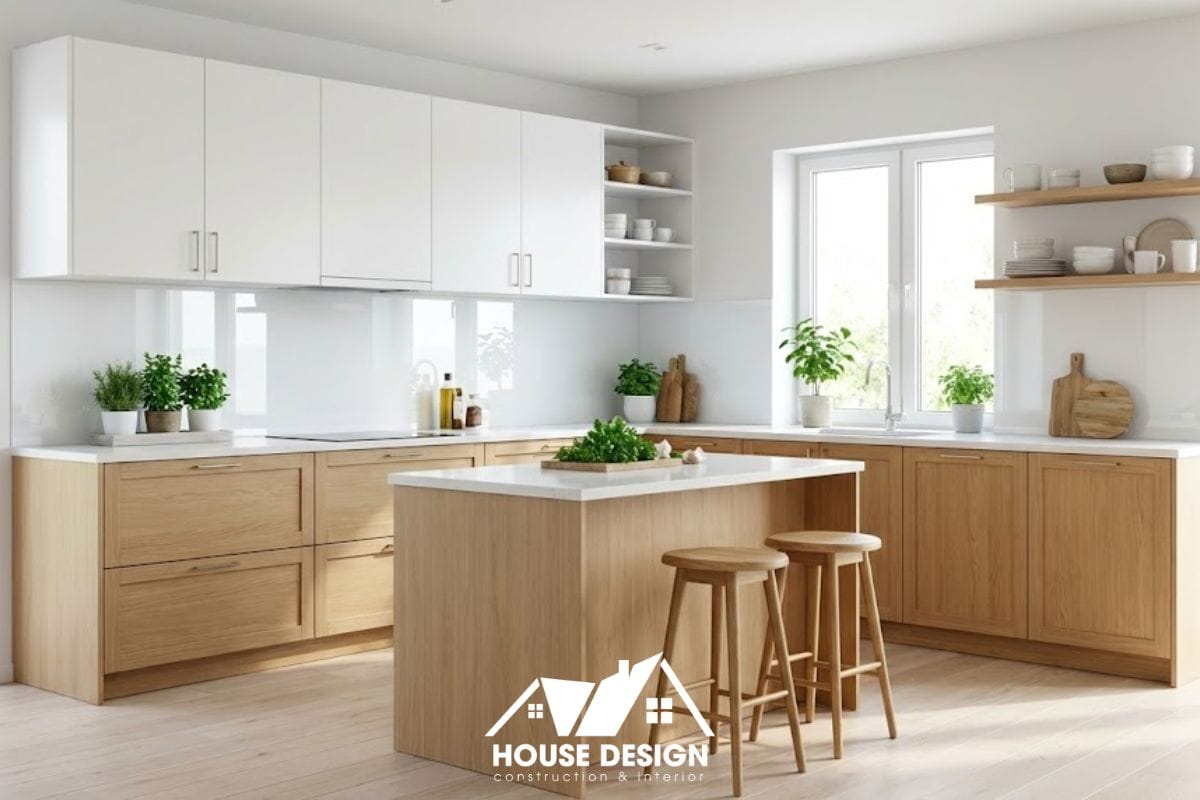 Thiết kế bếp chung cư nhỏ chữ L trắng gỗ với kính ốp dễ vệ sinh.