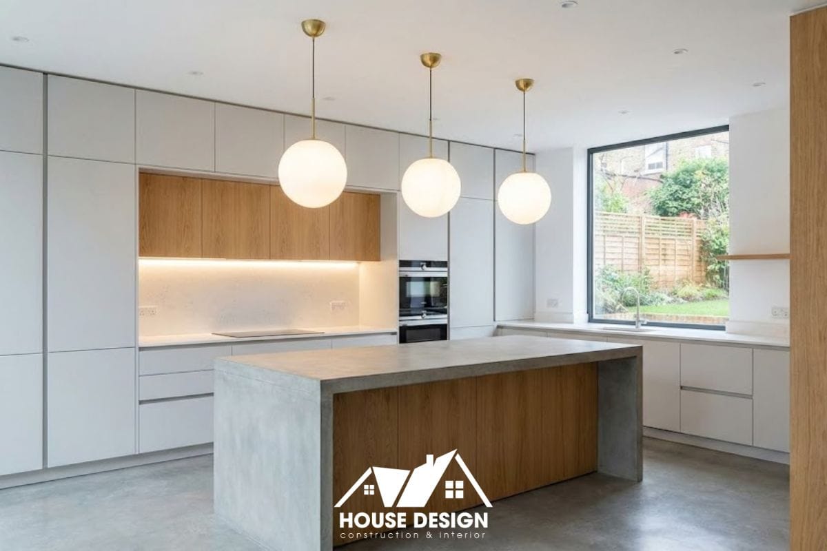 Thiết kế bếp chung cư nhỏ chữ L kịch trần màu xám nhạt phối gỗ.