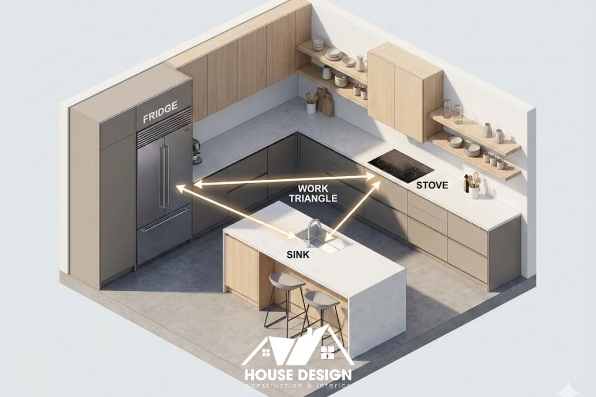 Sơ đồ nguyên tắc tam giác bếp trong thiết kế bếp chung cư nhỏ.