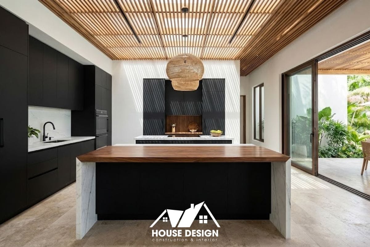 Thiết kế bếp chung cư nhỏ phong cách resort với trần lam gỗ ấn tượng.