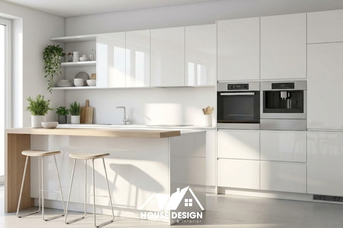 Thiết kế bếp chung cư nhỏ tráng gương màu trắng có quầy bar gỗ.