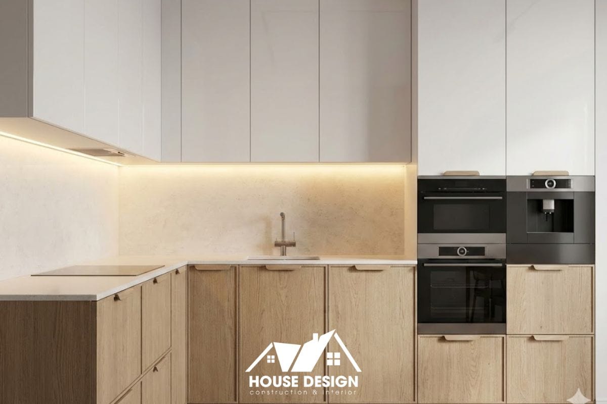 Hệ tủ bếp kịch trần giúp tối ưu lưu trữ cho thiết kế bếp chung cư nhỏ.