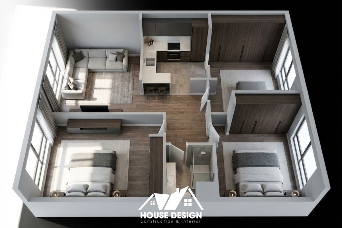 bố trí bếp riêng biệt nhưng thoáng trong căn hộ 45m2