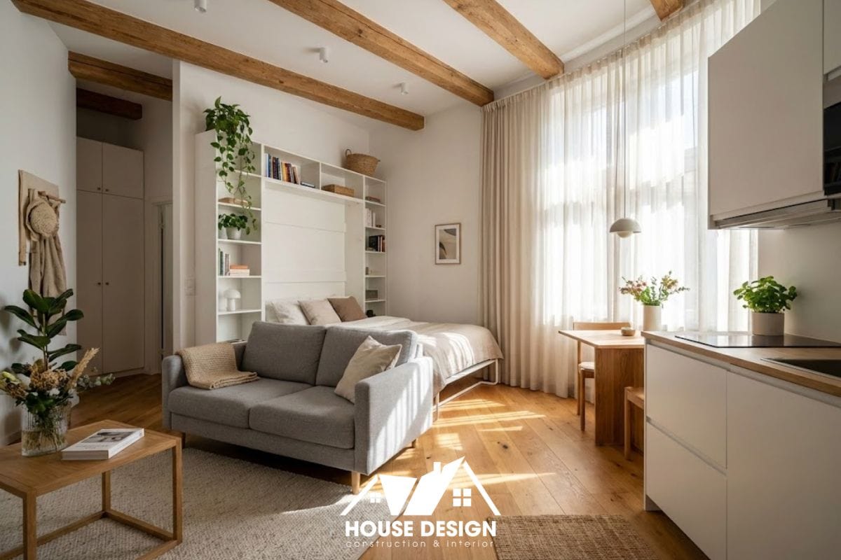 Tổng thể thiết kế căn hộ studio 30m2 hiện đại với bố cục mở, nội thất thông minh và ánh sáng tự nhiên tràn ngập.