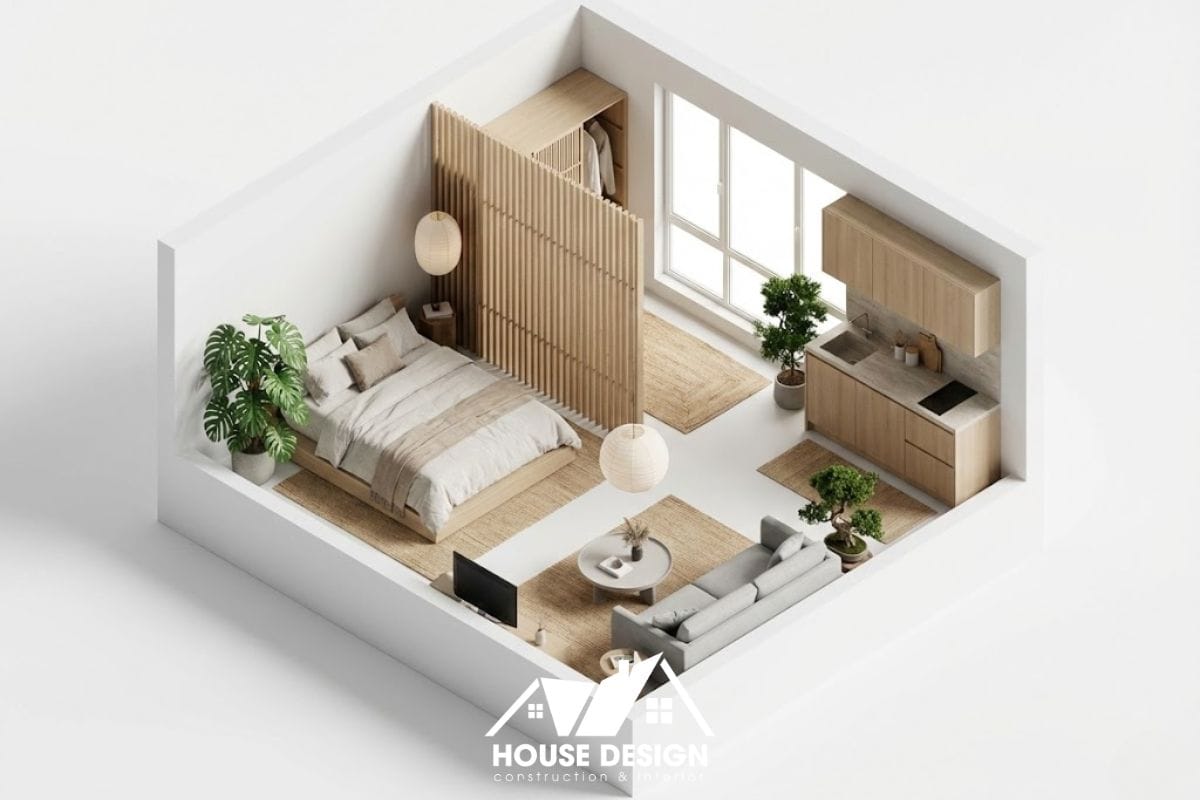 Sơ đồ 3D căn hộ 30m2 sử dụng vách lam gỗ trang trí ngăn cách khu ngủ và khách.