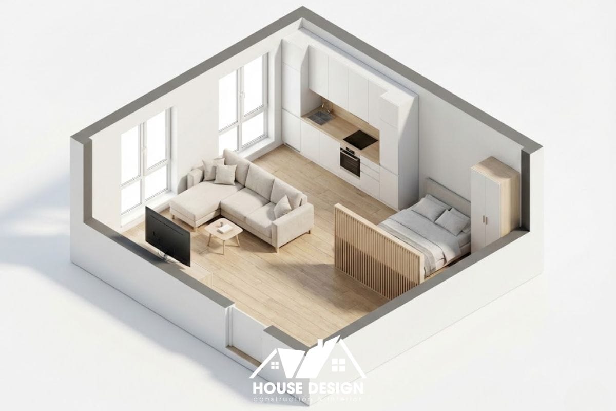 Sơ đồ bố trí nội thất căn hộ 30m2 phong cách tối giản với không gian mở liên thông.