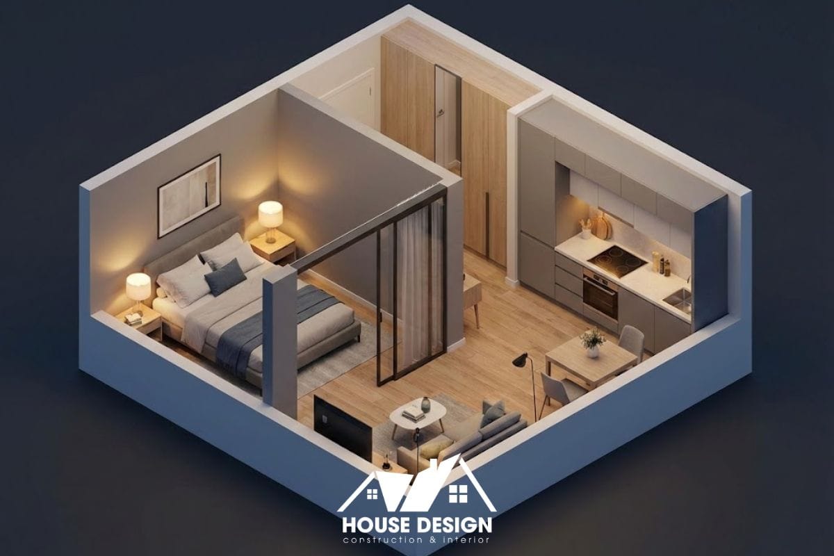 Bản vẽ 3D căn hộ 30m2 chia 1 phòng ngủ riêng biệt bằng tường ngăn đảm bảo riêng tư.