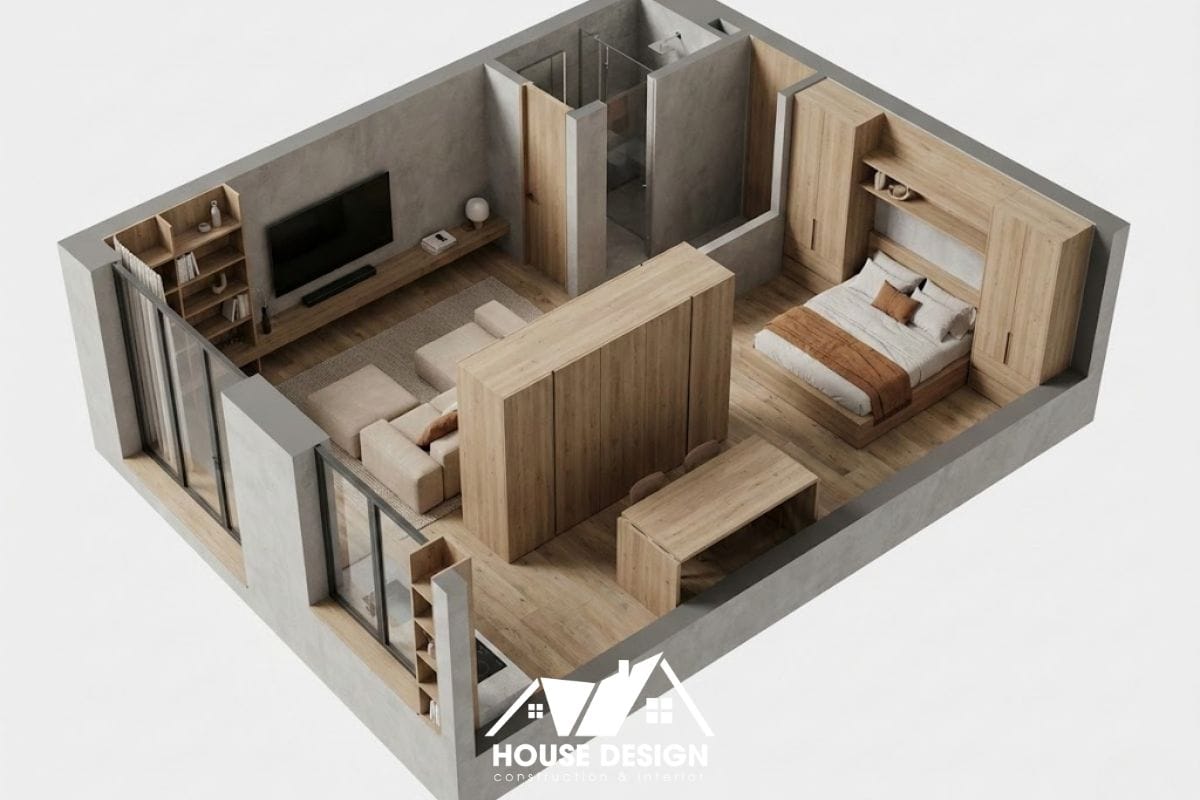 Mô hình 3D căn hộ 30m2 với khối tủ đa năng đặt giữa nhà làm vách ngăn.