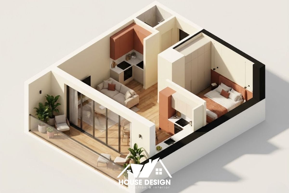 Sơ đồ 3D căn hộ 30m2 chạy dọc theo logia thoáng sáng phong cách đương đại.