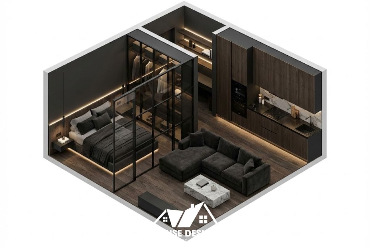 Sơ đồ 3D căn hộ studio 30m2 sử dụng vách kính khung đen ngăn phòng ngủ sang trọng.