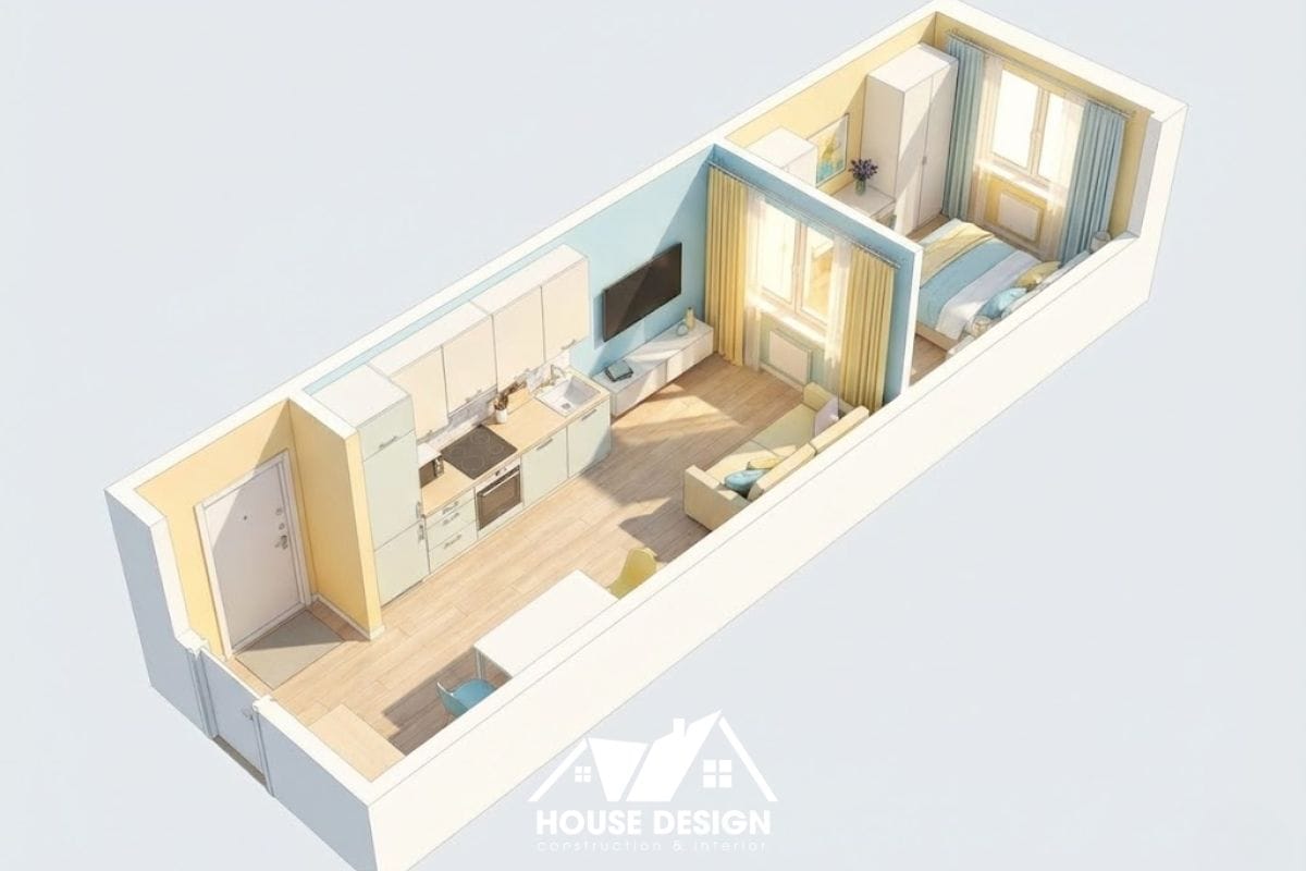 Mô hình 3D căn hộ 30m2 dạng ống hẹp dài với phòng ngủ đặt cuối nhà.
