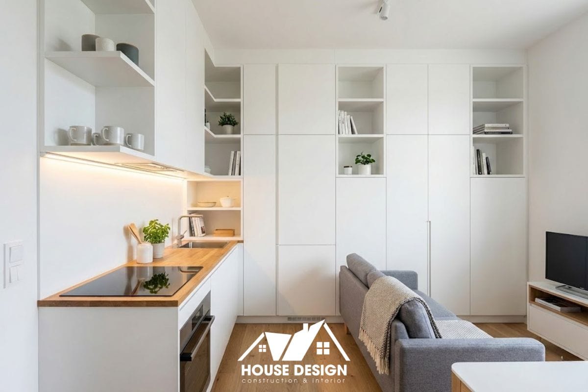 Hệ tủ bếp và kệ lưu trữ cao kịch trần giúp tối ưu diện tích cho căn hộ nhỏ 30m2.