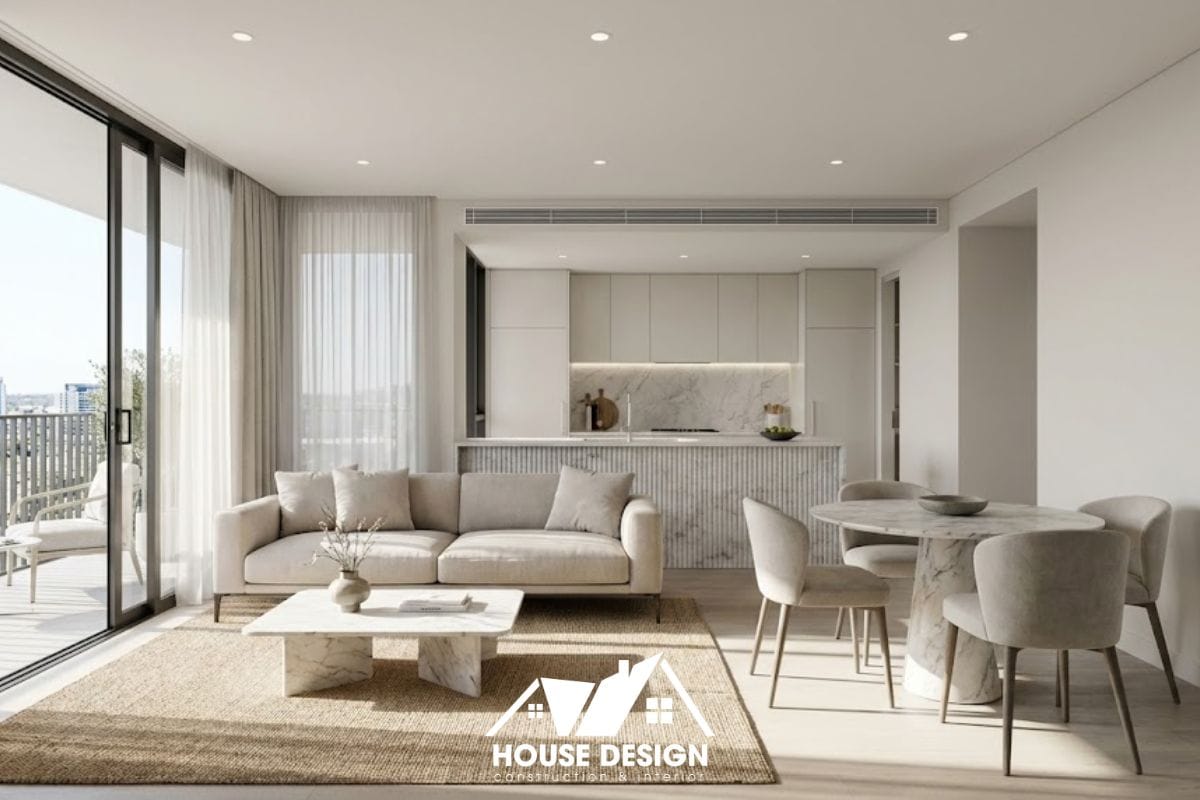 Tổng quan thiết kế căn hộ 55m2 2 phòng ngủ với không gian mở phòng khách liền bếp hiện đại.