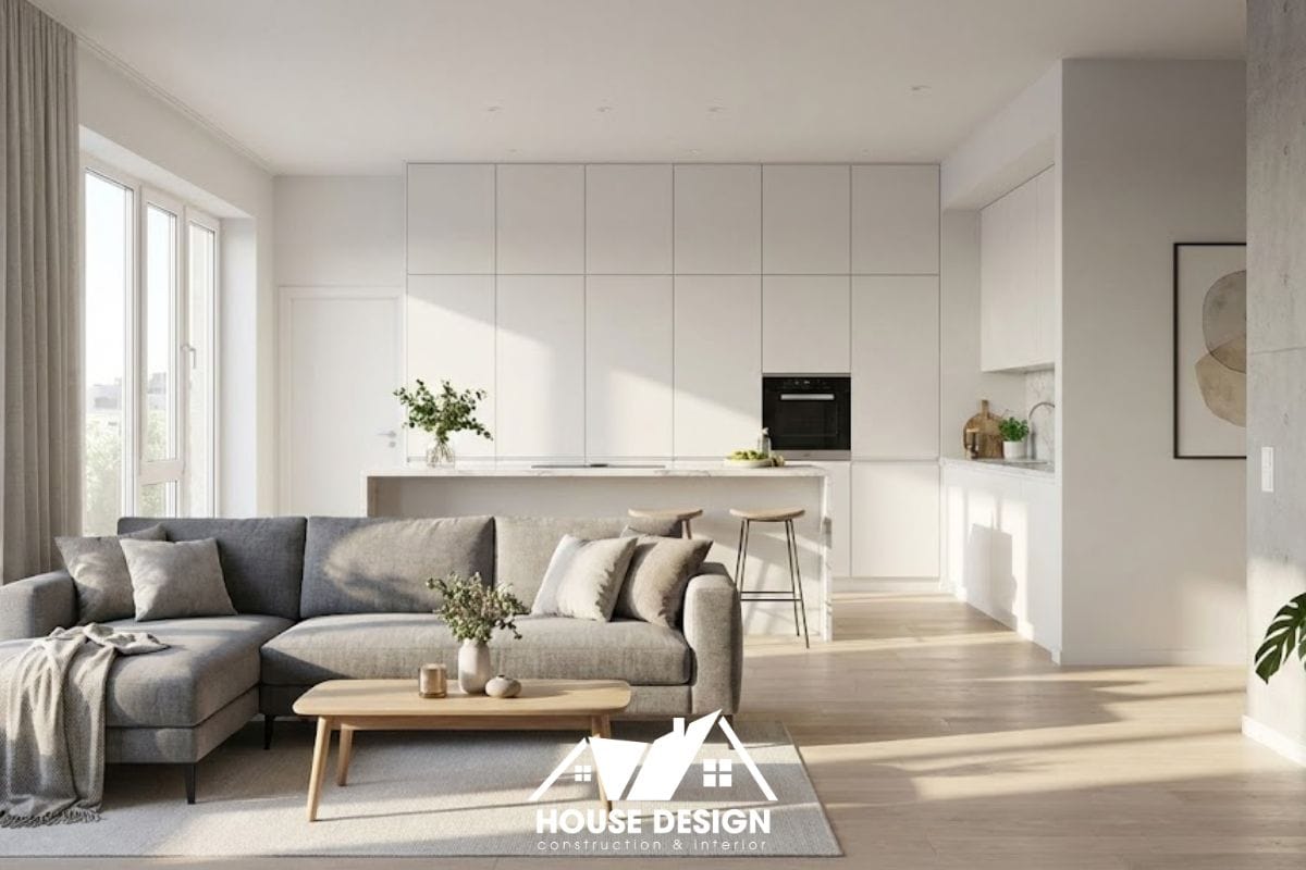 Bố trí không gian mở phòng khách liền bếp trong thiết kế căn hộ 55m2 2 phòng ngủ.