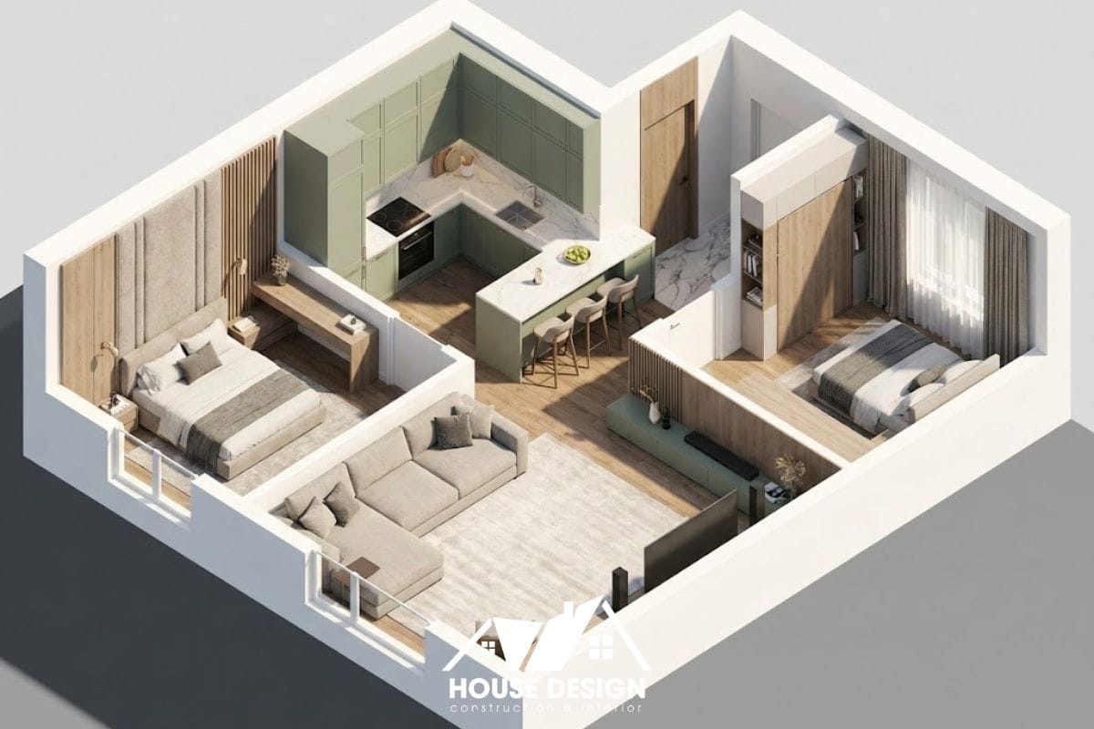 Sơ đồ 3D căn hộ 55m2 với thiết kế bếp chữ L kết hợp đảo bếp trung tâm.