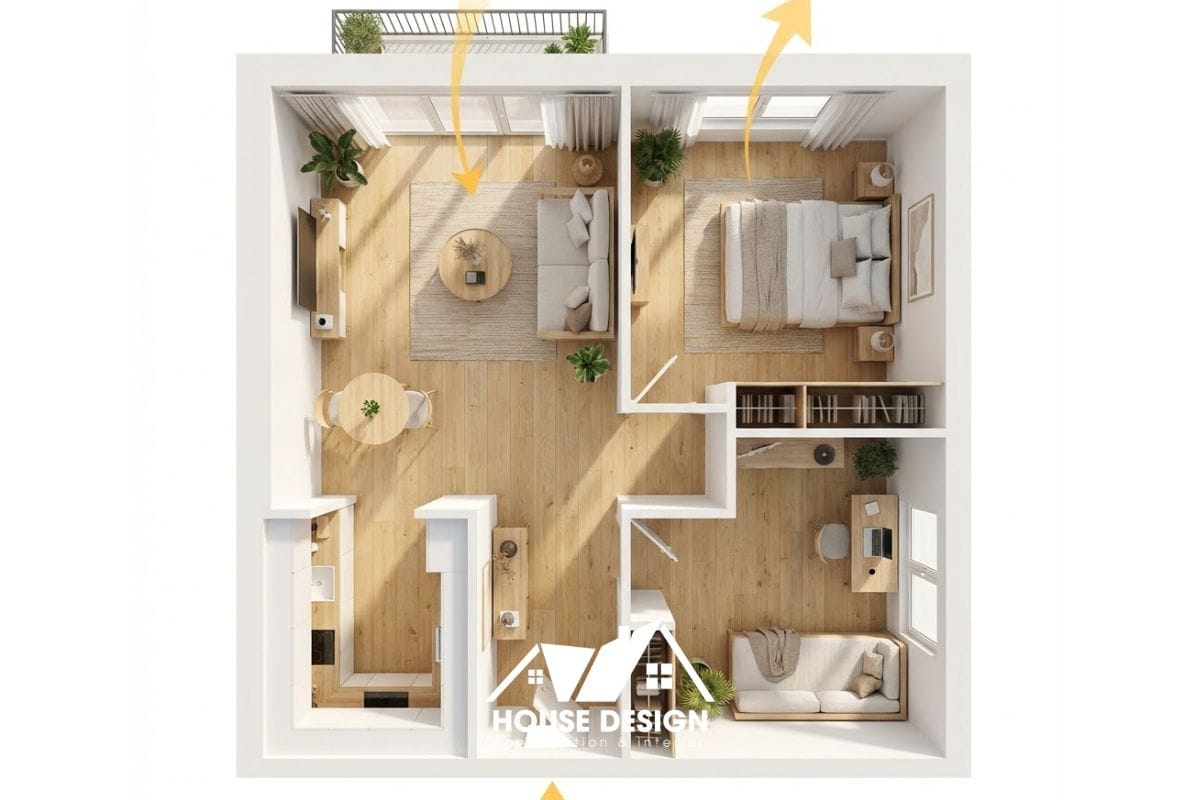 Layout 3D căn hộ 55m2 phong cách Scandinavian và Japandi tông sáng thoáng đãng.