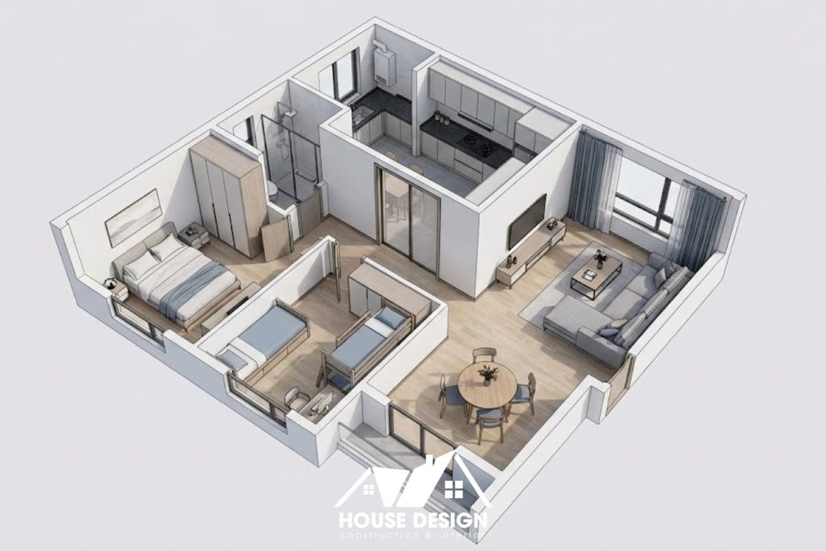 Layout 3D căn hộ 55m2 với thiết kế bếp đóng tách biệt và 2 phòng ngủ gom cụm.