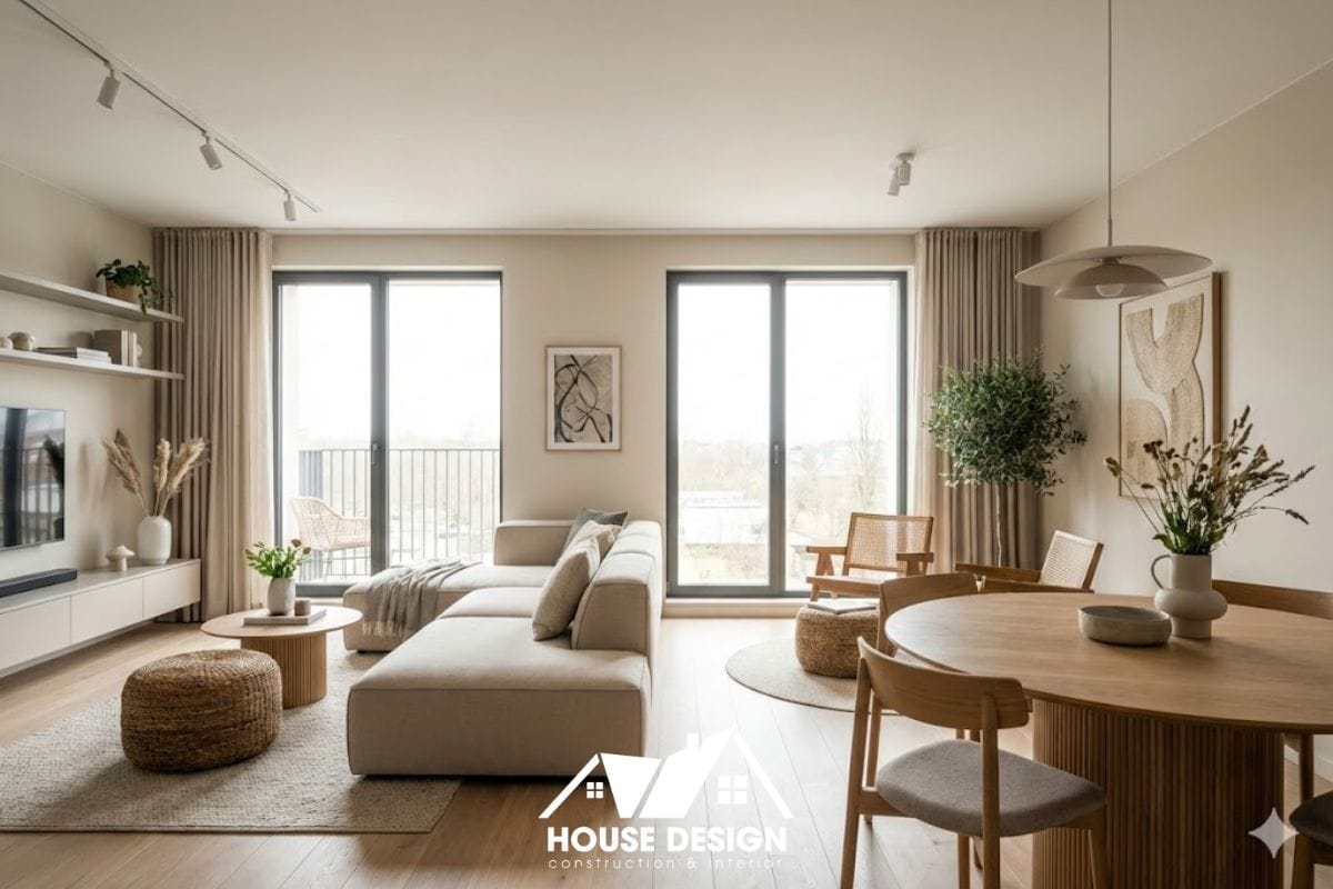 tổng quan không gian nội thất phòng khách liền bếp căn hộ 70m2 2 phòng ngủ hiện đại