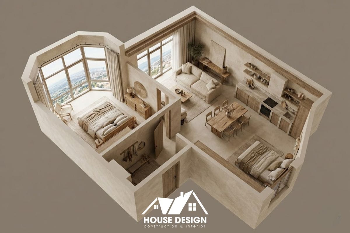 sơ đồ 3d căn hộ góc 90m2 với phòng ngủ master hình đa giác