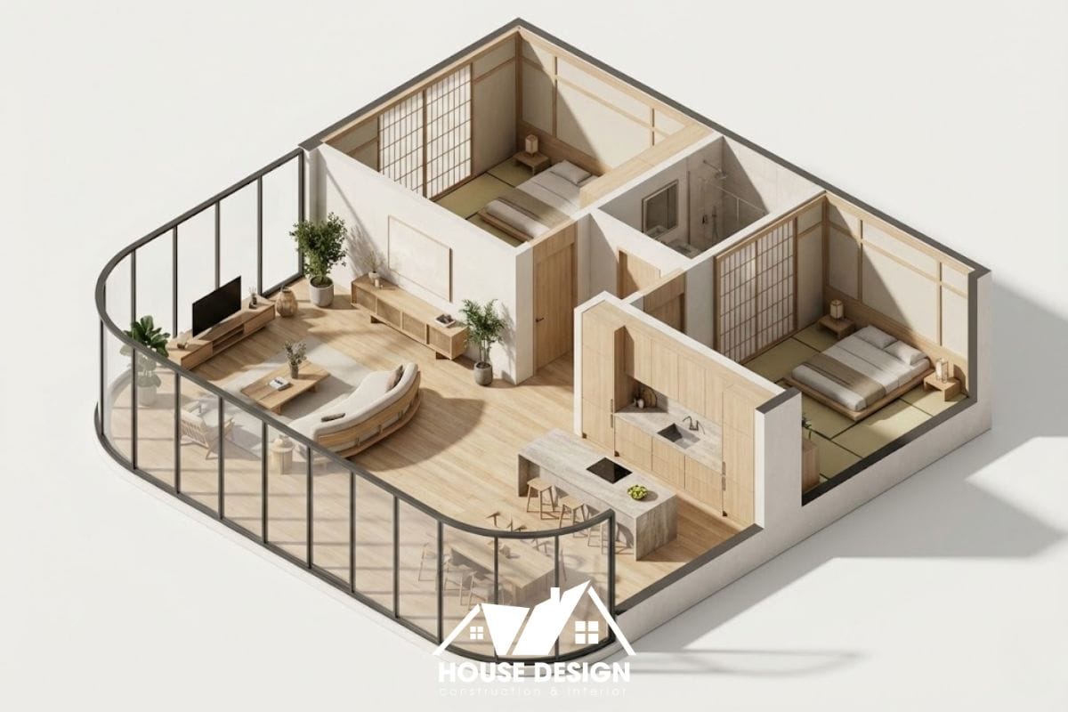 thiết kế căn hộ 45m2 có tường kính cong panorama view đẹp