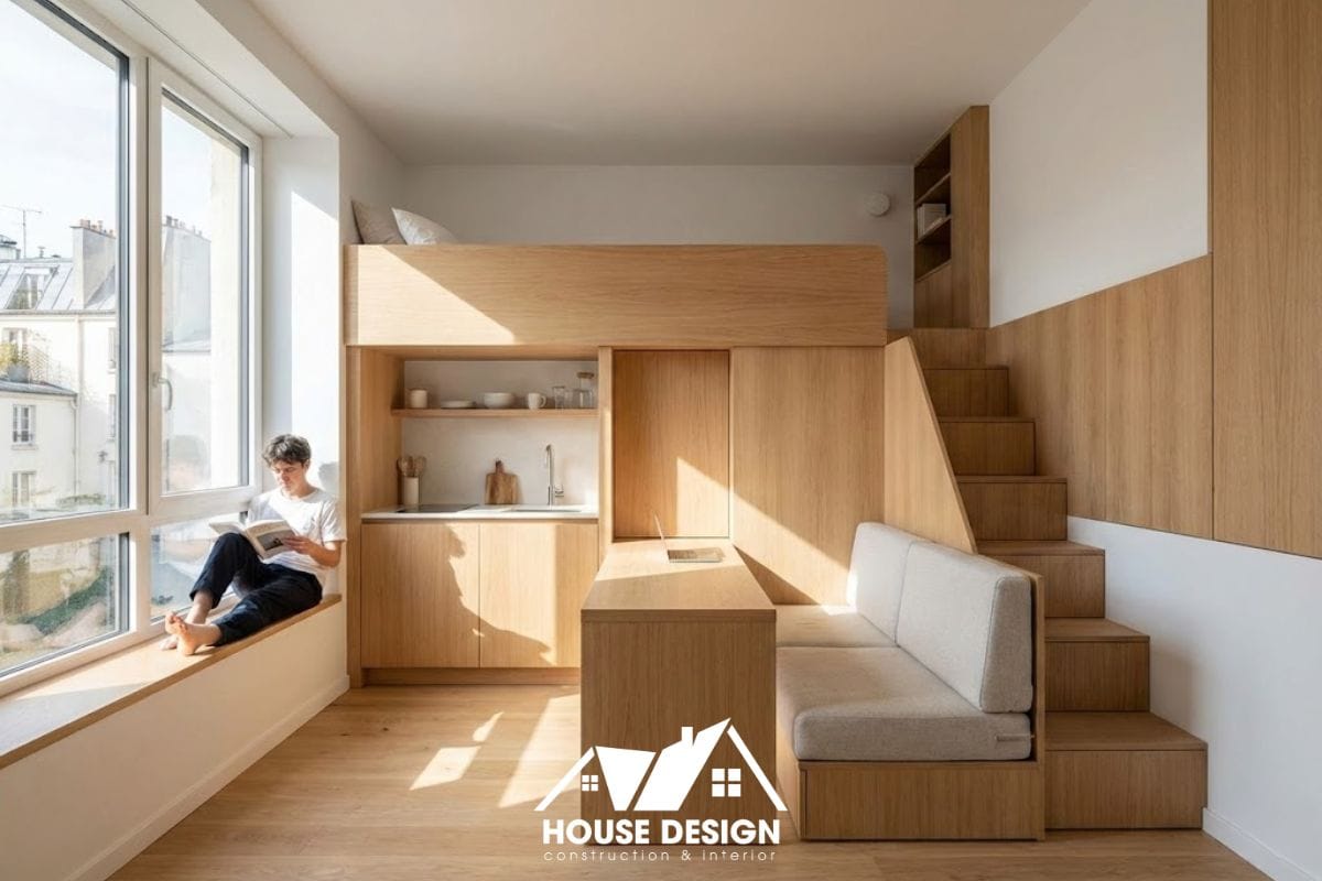 Không gian căn hộ 10m2 hiện đại với ánh sáng tự nhiên và nội thất gỗ