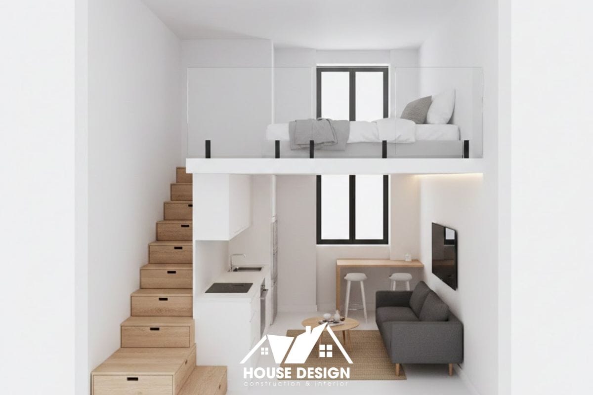Mẫu thiết kế căn hộ mini 15m2 có gác lửng hiện đại, cầu thang tích hợp hộc tủ thông minh giúp tiết kiệm diện tích.