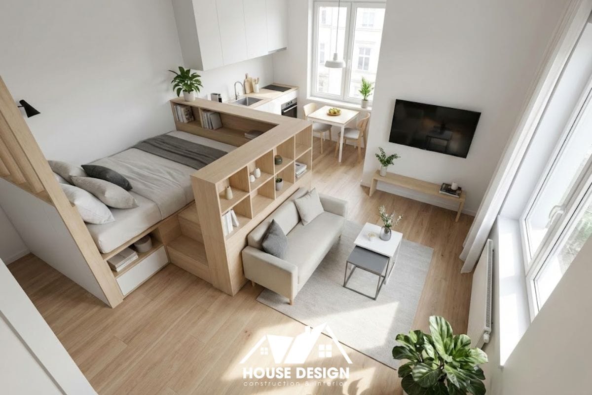 Toàn cảnh căn hộ studio 25m2 hiện đại với bố trí giường ngủ và khu tiếp khách liền mạch.