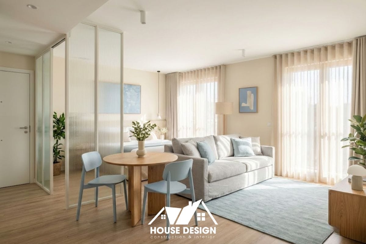 Thiết kế phòng khách liền bếp thoáng đãng cho chung cư 1 phòng ngủ 45m2.