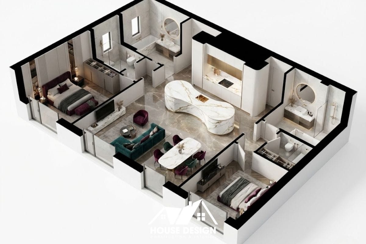 sơ đồ 3d căn hộ luxury 100m2 với đảo bếp cong trung tâm