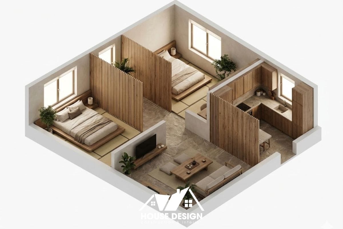 mặt bằng 3d nội thất japandi tối giản nhiều gỗ tự nhiên